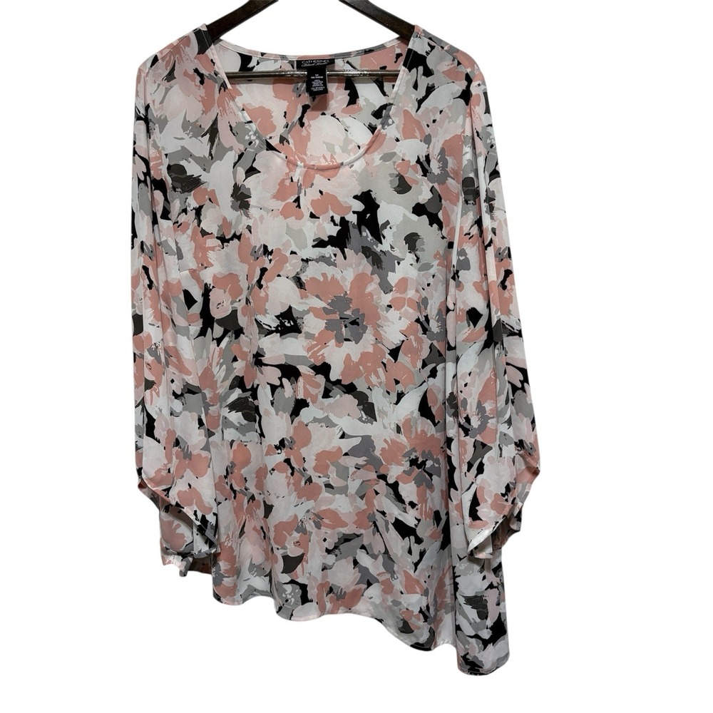 Catherines Blouse Women 1X Pink Floral Flare Sleeve Tunic Relaxed Black Label
